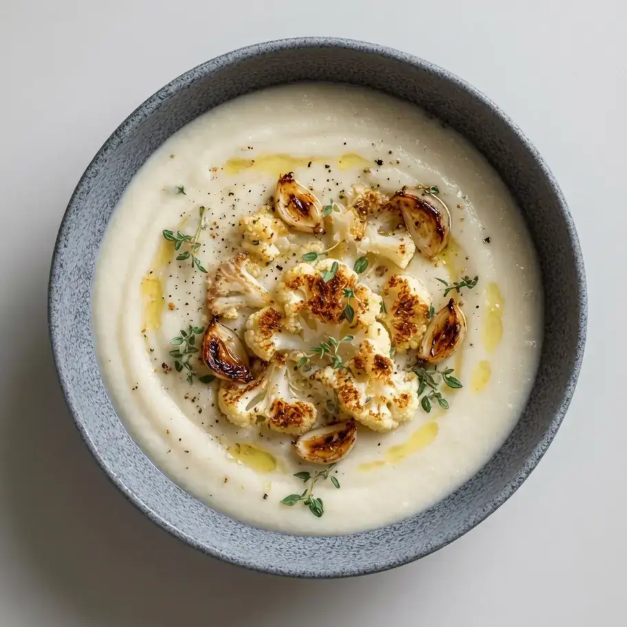 Cremige Blumenkohlsuppe mit geröstetem Knoblauch