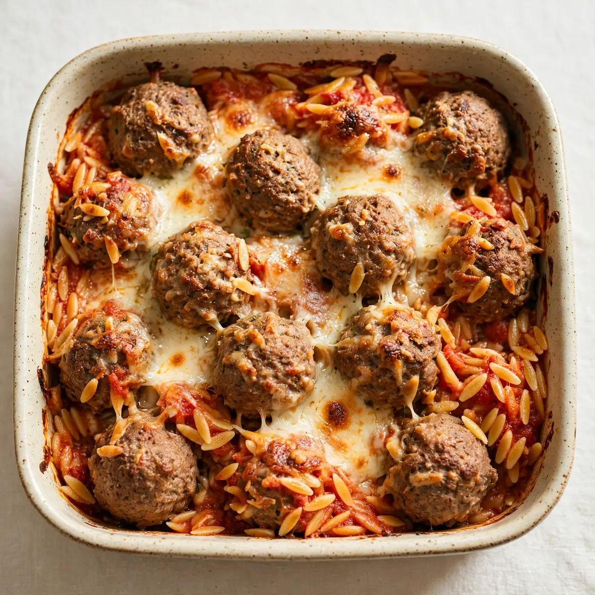 Restauranttauglicher Rinder-Hackbällchen-Orzo-Auflauf