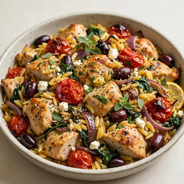 Restaurantwürdiger Mediterranes Chicken-Orzo-Bake für Gäste