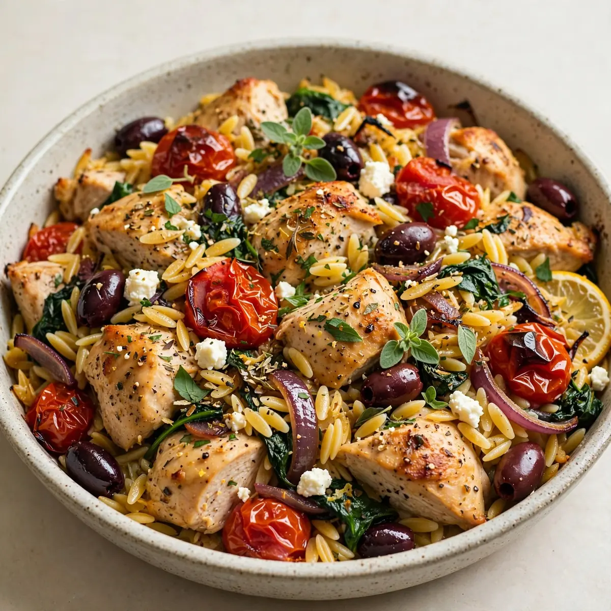 Restaurantwürdiger Mediterranes Chicken-Orzo-Bake für Gäste