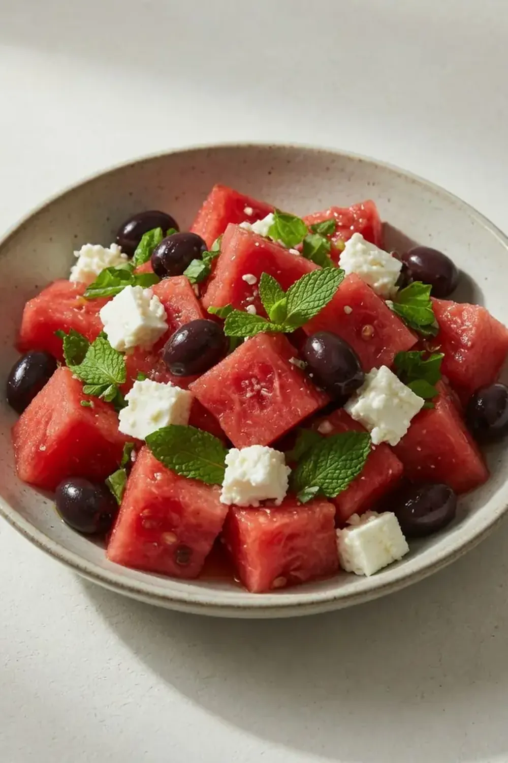 wassermelonensalat mit feta minze oliven